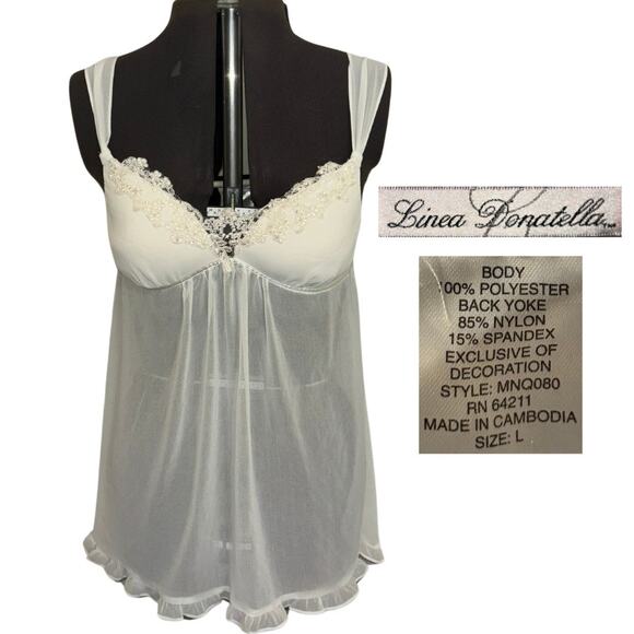 Linea Donatella Sheer Beaded Babydoll Mini Dress White Size Large Romantic - Picture 1 of 3